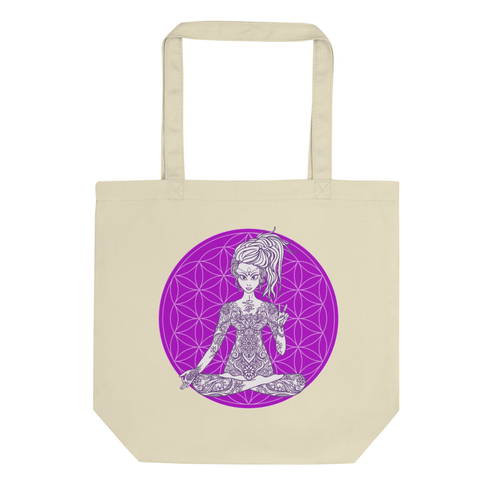 Divine Vibes™ Small Eco Tote Bag Organic Cotton Oyster Color with Goddess making peace sign with left hand and Purple Flower of Life Design by Goddess Swag