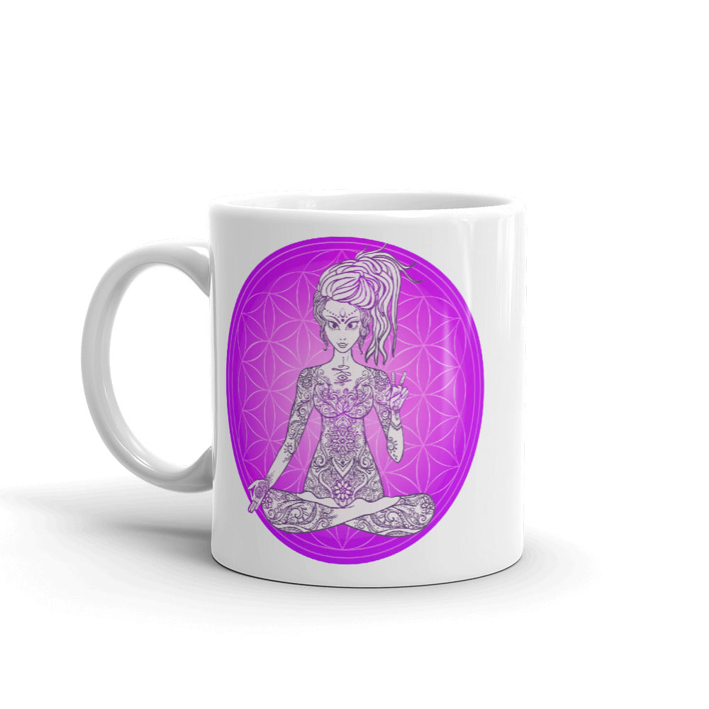 Divine Vibes™ 11oz ceramic coffee mug with goddess and magenta flower of life circle design. Goddess makes peace sign with her right hand. Designed by Goddess Swag.