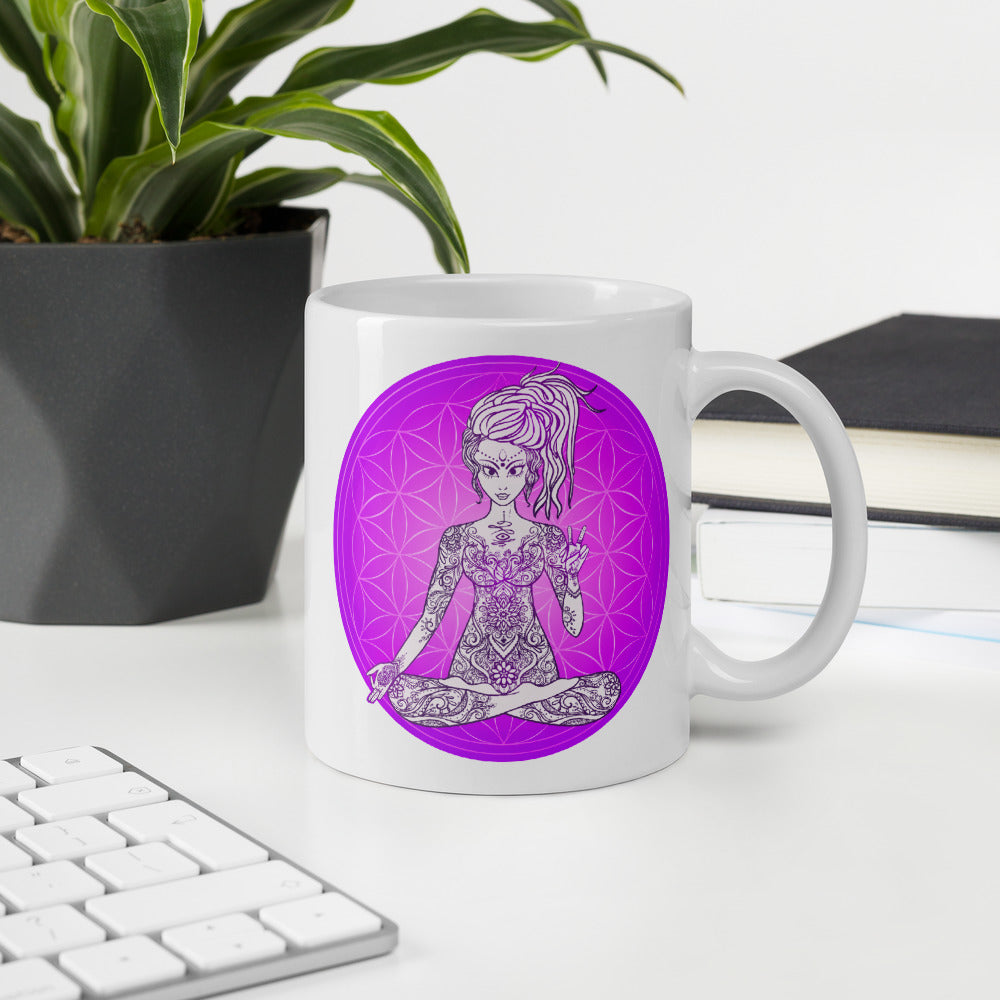 Divine Vibes™ 11oz ceramic coffee mug with goddess and magenta flower of life circle design. Goddess makes peace sign with her right hand. Designed by Goddess Swag.