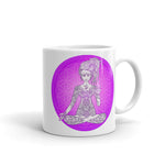 Load image into Gallery viewer, Divine Vibes™ 11oz ceramic coffee mug with goddess and magenta flower of life circle design. Goddess makes peace sign with her right hand. Designed by Goddess Swag.
