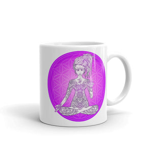 Divine Vibes™ 11oz ceramic coffee mug with goddess and magenta flower of life circle design. Goddess makes peace sign with her right hand. Designed by Goddess Swag.