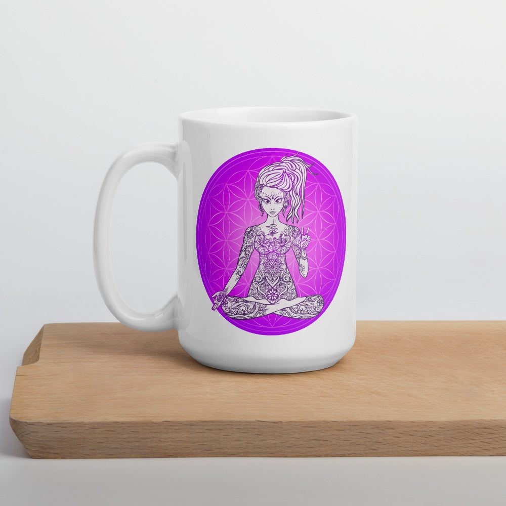 Divine Vibes™ 15oz ceramic coffee mug with goddess and magenta flower of life circle design. Goddess makes peace sign with her right hand. Designed by Goddess Swag.