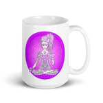 Load image into Gallery viewer, Divine Vibes™ 15oz ceramic coffee mug with goddess and magenta flower of life circle design. Goddess makes peace sign with her right hand. Designed by Goddess Swag.

