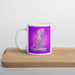 Load image into Gallery viewer, Divine Vibes™ 11oz ceramic coffee mug with goddess and magenta flower of life circle design but with square background. Goddess makes peace sign with her right hand. Designed by Goddess Swag.
