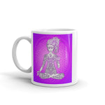 Load image into Gallery viewer, Divine Vibes™ 11oz ceramic coffee mug with goddess and magenta flower of life circle design but with square background. Goddess makes peace sign with her right hand. Designed by Goddess Swag.
