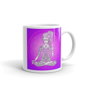 Divine Vibes™ 11oz ceramic coffee mug with goddess and magenta flower of life circle design but with square background. Goddess makes peace sign with her right hand. Designed by Goddess Swag.