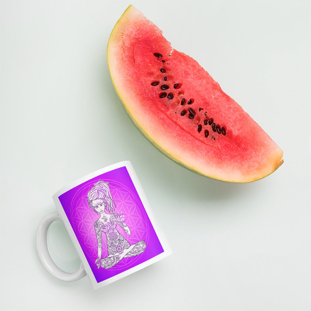 Divine Vibes™ 11oz ceramic coffee mug with goddess and magenta flower of life circle design but with square background. Goddess makes peace sign with her right hand. Designed by Goddess Swag.
