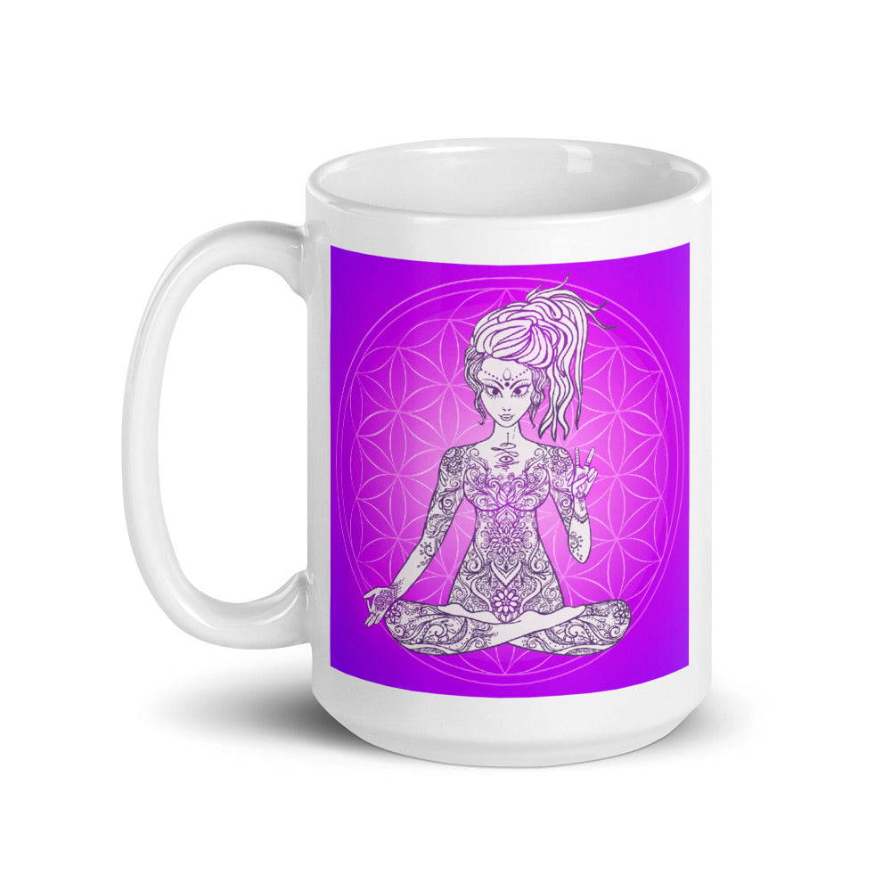 Divine Vibes™ 11oz ceramic coffee mug with goddess and magenta flower of life circle design but with square background. Goddess makes peace sign with her right hand. Designed by Goddess Swag.