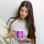 Load image into Gallery viewer, Divine Vibes™ 11oz ceramic coffee mug with goddess and magenta flower of life circle design but with square background. Goddess makes peace sign with her right hand. Designed by Goddess Swag.
