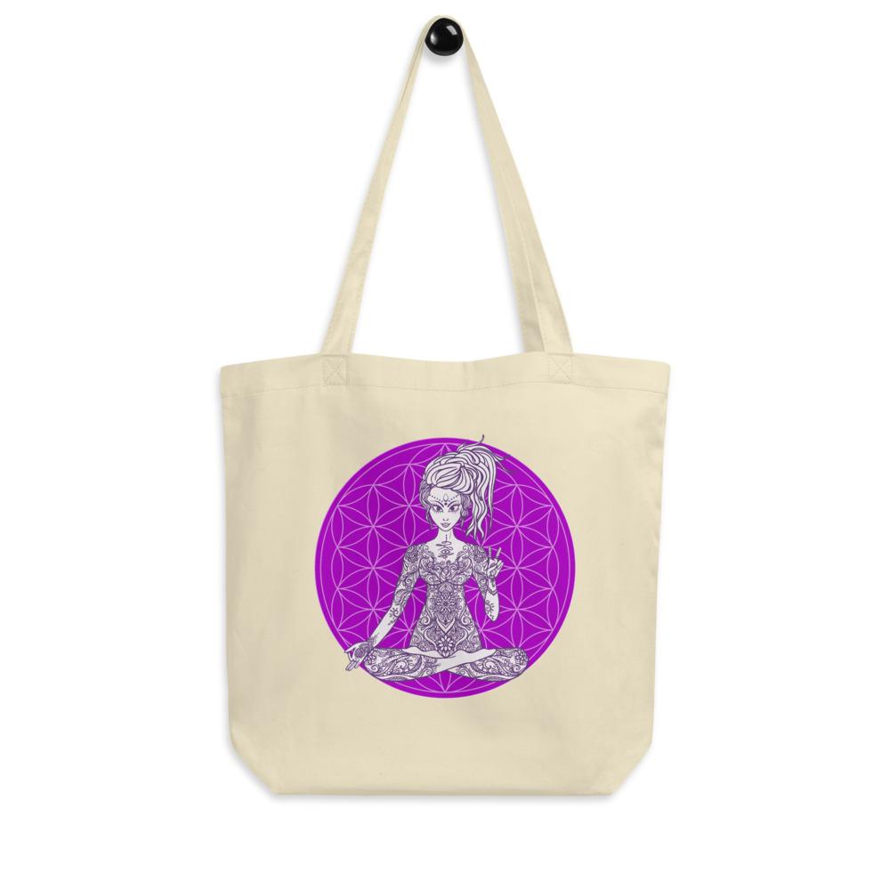 Divine Vibes™ Small Eco Tote Bag Organic Cotton Oyster Color with Goddess making peace sign with left hand and Purple Flower of Life Design by Goddess Swag