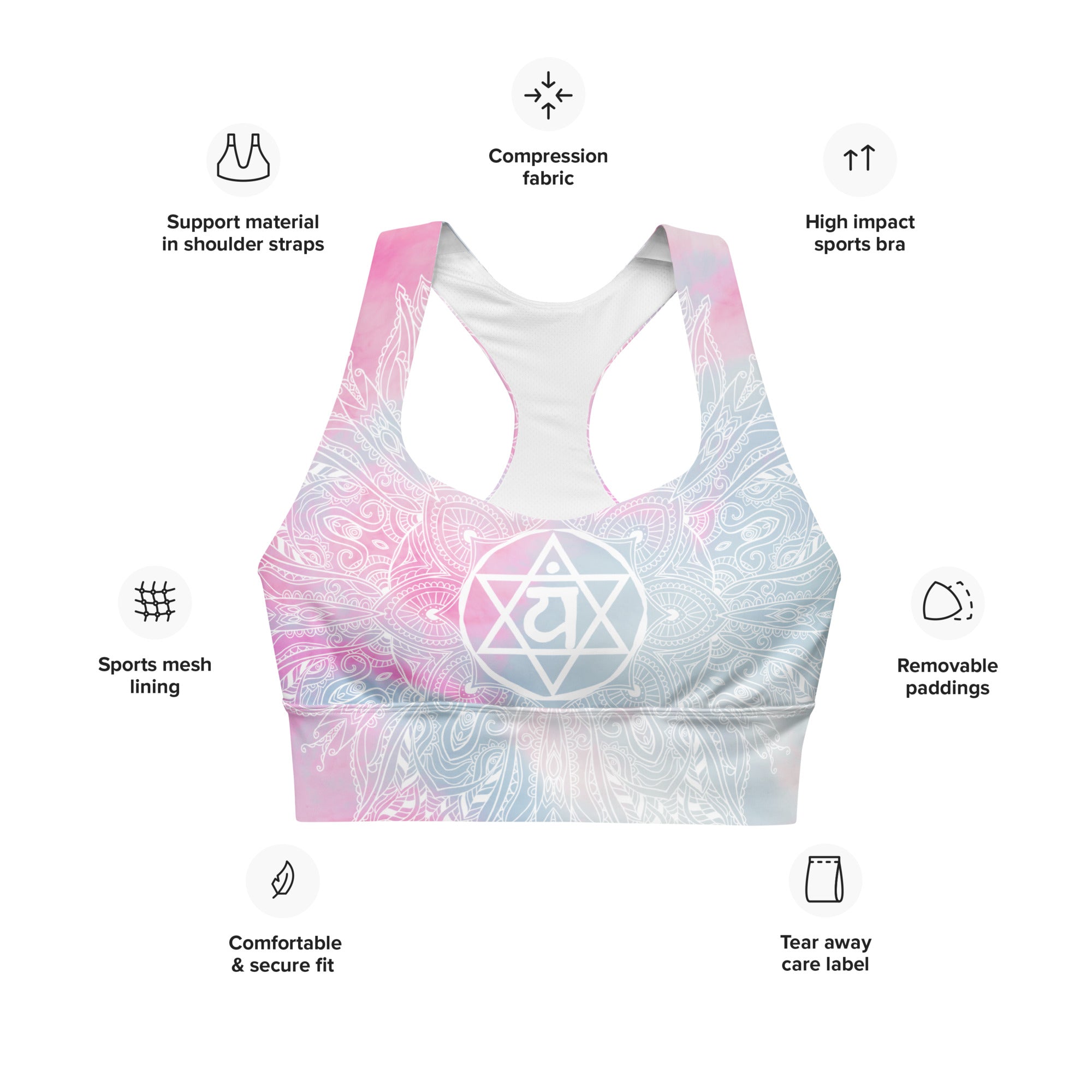 longline sports bra by goddess swag. main colors are pastel pinks and blues. the design overlay on front and back is a white heart chakra mandala design. goddess swag is written on the back in sanskrit style writing