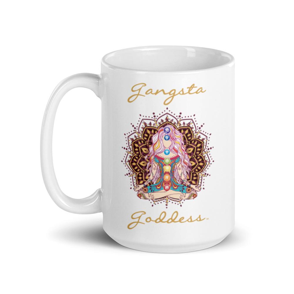 Gangsta Goddess™ ceramic coffee mug 15oz with mandala and chakra design by goddess swag.  Gangsta Goddess is written in gold color.