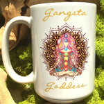 Load image into Gallery viewer, Gangsta Goddess™ ceramic coffee mug 15oz with mandala and chakra design by goddess swag.  Gangsta Goddess is written in gold color.
