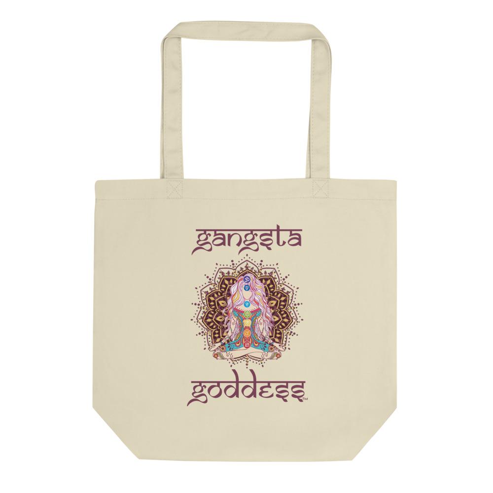 Gangsta Goddess™  in Sanskrit style writing, Small Eco Tote Bag Organic Cotton Oyster Color with Mandala and Chakra Design by Goddess Swag™. Gangsta Goddess is written in deep purple color.