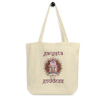 Load image into Gallery viewer, Gangsta Goddess™  in Sanskrit style writing, Small Eco Tote Bag Organic Cotton Oyster Color with Mandala and Chakra Design by Goddess Swag™. Gangsta Goddess is written in deep purple color.
