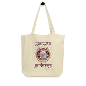 Gangsta Goddess™  in Sanskrit style writing, Small Eco Tote Bag Organic Cotton Oyster Color with Mandala and Chakra Design by Goddess Swag™. Gangsta Goddess is written in deep purple color.
