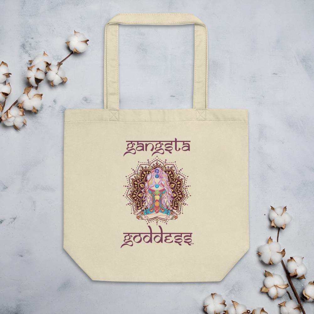 Gangsta Goddess™  in Sanskrit style writing, Small Eco Tote Bag Organic Cotton Oyster Color with Mandala and Chakra Design by Goddess Swag™. Gangsta Goddess is written in deep purple color.