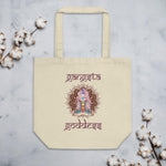 Load image into Gallery viewer, Gangsta Goddess™  in Sanskrit style writing, Small Eco Tote Bag Organic Cotton Oyster Color with Mandala and Chakra Design by Goddess Swag™. Gangsta Goddess is written in deep purple color.
