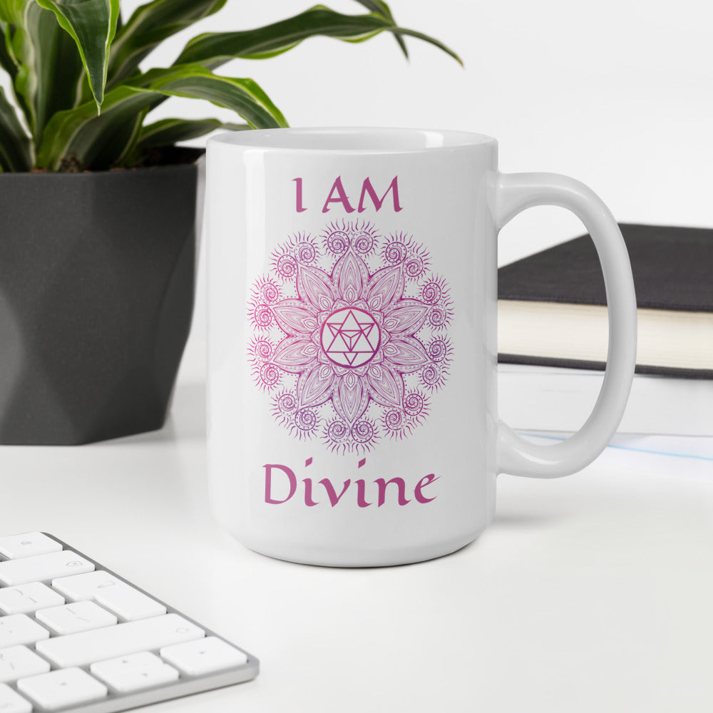 Goddess Swag I am divine Soul Star Chakra Mandala star tetrahedron Ceramic white coffee mug 15 ounce. Design and writing are violet in color