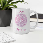 Load image into Gallery viewer, Goddess Swag I am divine Soul Star Chakra Mandala star tetrahedron Ceramic white coffee mug 15 ounce. Design and writing are violet in color
