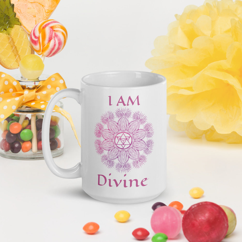 Goddess Swag I am divine Soul Star Chakra Mandala star tetrahedron Ceramic white coffee mug 15 ounce. Design and writing are violet in color