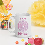 Load image into Gallery viewer, Goddess Swag I am divine Soul Star Chakra Mandala star tetrahedron Ceramic white coffee mug 15 ounce. Design and writing are violet in color
