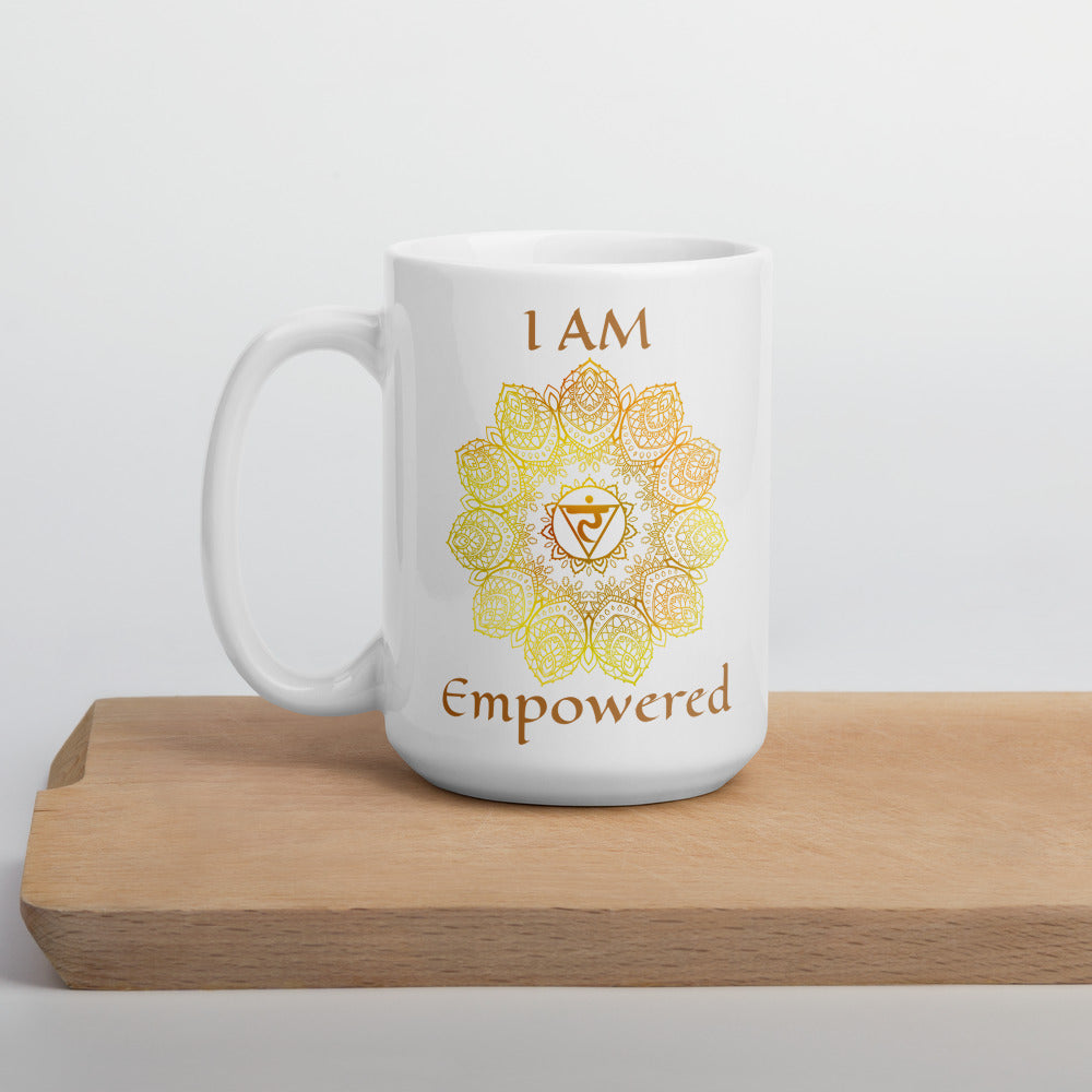 Goddess Swag I am Empowered 3rd Solar Plexus Chakra with Mandala and Ceramic white coffee mug 15 ounce yellow writing