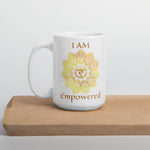 Load image into Gallery viewer, Goddess Swag I am Empowered 3rd Solar Plexus Chakra with Mandala and Ceramic white coffee mug 15 ounce yellow writing
