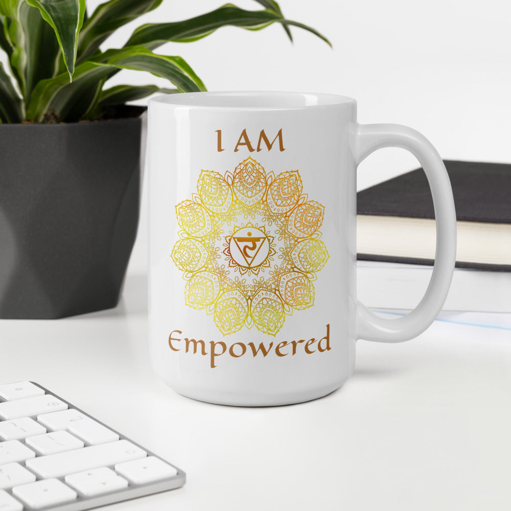 Goddess Swag I am Empowered 3rd Solar Plexus Chakra with Mandala and Ceramic white coffee mug 15 ounce yellow writing