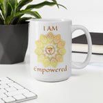 Load image into Gallery viewer, Goddess Swag I am Empowered 3rd Solar Plexus Chakra with Mandala and Ceramic white coffee mug 15 ounce yellow writing
