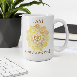 Goddess Swag I am Empowered 3rd Solar Plexus Chakra with Mandala and Ceramic white coffee mug 15 ounce yellow writing