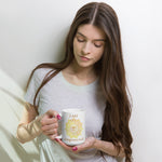 Load image into Gallery viewer, Goddess Swag I am Empowered 3rd Solar Plexus Chakra with Mandala and Ceramic white coffee mug 15 ounce yellow writing
