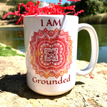 Load image into Gallery viewer, Goddess Swag I am grounded root 1st chakra mandala glossy white ceramic coffee mug 15 ounce with red writing.  Muldahara chakra.
