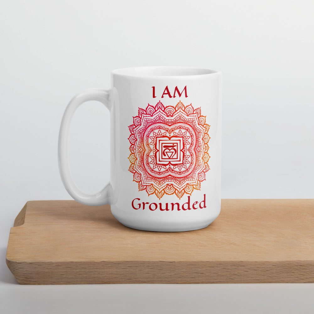 Goddess Swag I am grounded root 1st chakra mandala glossy white ceramic coffee mug 15 ounce with red writing.  Muldahara chakra.
