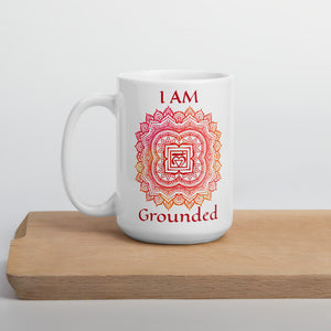 Goddess Swag I am grounded root 1st chakra mandala glossy white ceramic coffee mug 15 ounce with red writing.  Muldahara chakra.