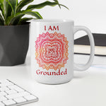 Load image into Gallery viewer, Goddess Swag I am grounded root 1st chakra mandala glossy white ceramic coffee mug 15 ounce with red writing.  Muldahara chakra.
