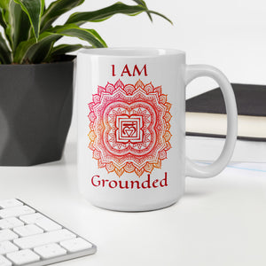 Goddess Swag I am grounded root 1st chakra mandala glossy white ceramic coffee mug 15 ounce with red writing.  Muldahara chakra.
