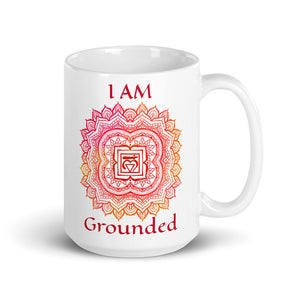 Goddess Swag I am grounded root 1st chakra mandala glossy white ceramic coffee mug 15 ounce with red writing.  Muldahara chakra.