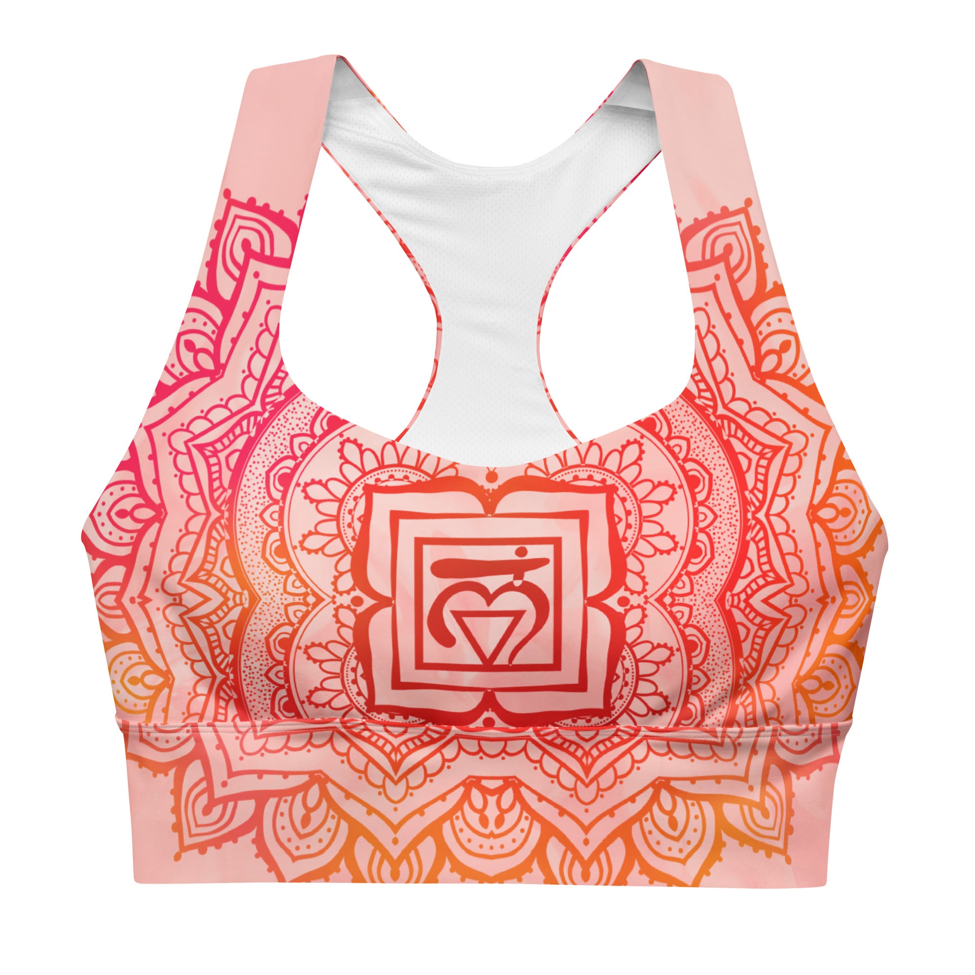 longline sports bra by goddess swag. the design has a pink orange background with an overlay of a root chakra mandala design in red and orange. this design is on front and back of sports bra.