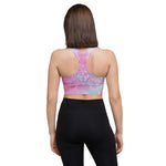 Load image into Gallery viewer, longline sports bra by goddess swag.  colors are pastel pinks and blues. the design on front and back is a magenta pink mandala and star tetrahedron to represent the soul star chakra
