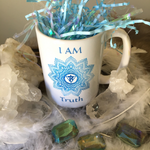 Load image into Gallery viewer, Goddess Swag I am Truth 5th throat Chakra with Mandala and Ceramic white coffee mug 15 ounce blue writing
