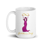 Load image into Gallery viewer, Goddess Swag Signature Logo Ceramic Coffee Mug 15oz with goddess holding  a gold infinity design above her head.  Her dress is magenta.  Goddess Swag is written ion gold.
