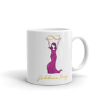 Load image into Gallery viewer, Goddess Swag Signature Logo Ceramic Coffee Mug 11oz with goddess holding  a gold infinity design above her head.  Her dress is magenta.  Goddess Swag is written in gold. 11 ounces
