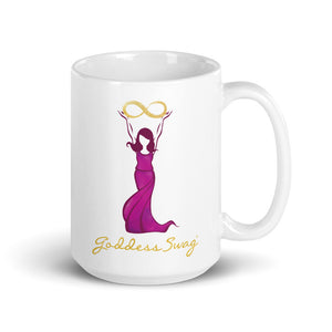 Goddess Swag Signature Logo Ceramic Coffee Mug 15oz with goddess holding  a gold infinity design above her head.  Her dress is magenta.  Goddess Swag is written ion gold.