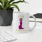 Load image into Gallery viewer, Goddess Swag Signature Logo Ceramic Coffee Mug 11oz with goddess holding  a gold infinity design above her head.  Her dress is magenta.  Goddess Swag is written ion gold.
