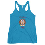 Load image into Gallery viewer, womens racer back tank top next level 6733 with goddess swag written on front of shirt only and also design of a goddess in lotus position with chakras showing and mandala behind her.  womens clothing. turquoise
