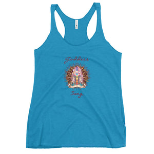 womens racer back tank top next level 6733 with goddess swag written on front of shirt only and also design of a goddess in lotus position with chakras showing and mandala behind her.  womens clothing. turquoise