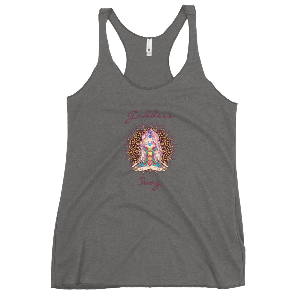 womens racer back tank top grey next level 6733 with goddess swag written on front of shirt only and also design of a goddess in lotus position with chakras showing and mandala behind her.  womens clothing.