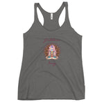 Load image into Gallery viewer, womens racer back tank top grey next level 6733 with goddess swag written on front of shirt only and also design of a goddess in lotus position with chakras showing and mandala behind her.  womens clothing.
