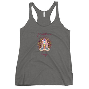 womens racer back tank top grey next level 6733 with goddess swag written on front of shirt only and also design of a goddess in lotus position with chakras showing and mandala behind her.  womens clothing.